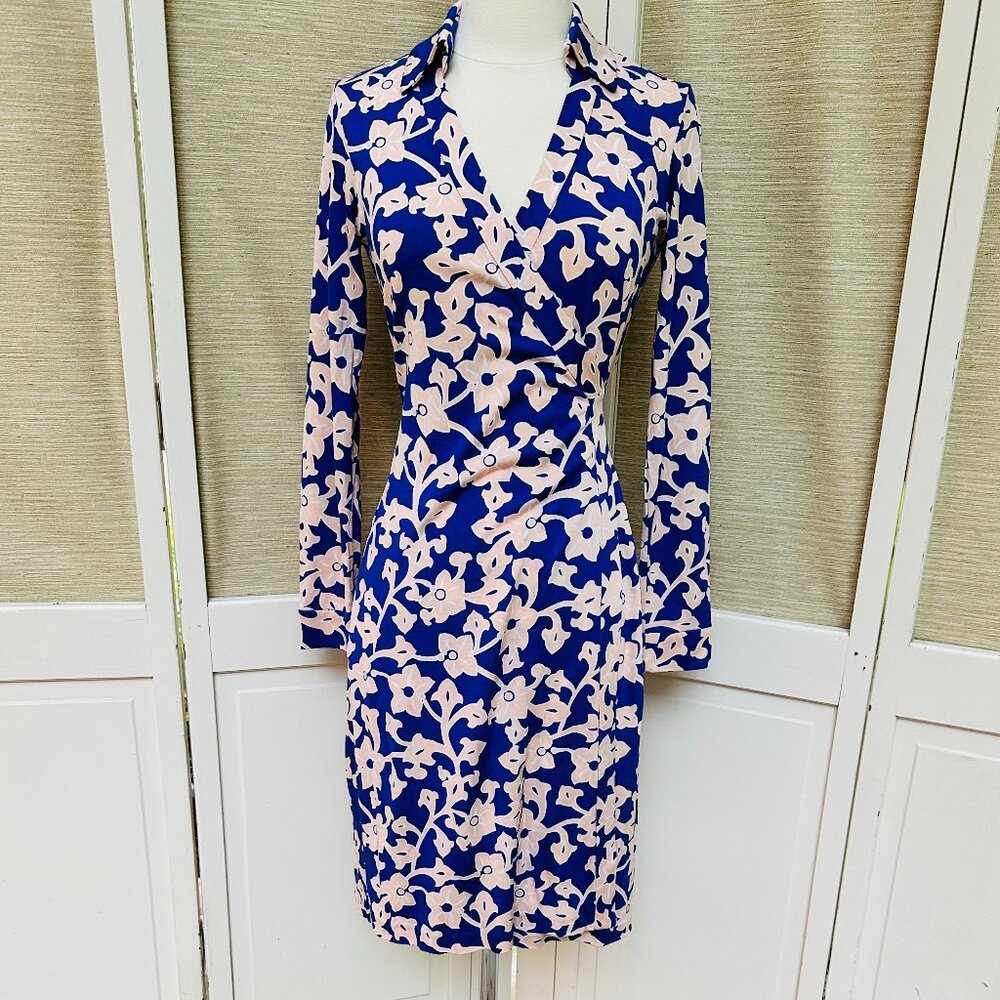 DVF Diane Von Furstenberg Floral Wrap Midi Dress Blue Pink Long Sleeve 6
